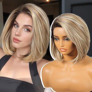 New KOME Ash Blonde Synthetic Lace Front Wig, 12 inches